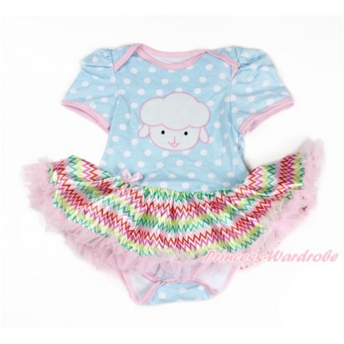 Easter Light Blue White Dots Baby Bodysuit Jumpsuit Rainbow Chevron Pettiskirt with Sheep Print JS3285 