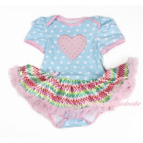 Valentine's Day Light Blue White Dots Baby Bodysuit Jumpsuit Rainbow Chevron Pettiskirt with Light Pink Heart Print JS3287 