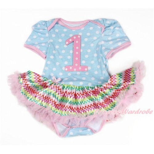 Light Blue White Dots Baby Bodysuit Jumpsuit Rainbow Chevron Pettiskirt with 1st Light Pink White Dots Birthday Number Print JS3290 