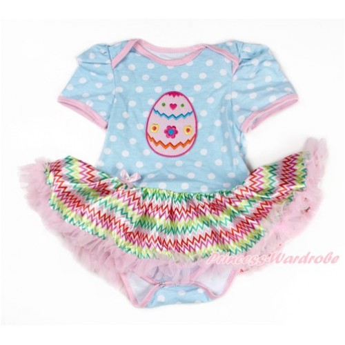 Easter Light Blue White Dots Baby Bodysuit Jumpsuit Rainbow Chevron Pettiskirt with Easter Egg Print JS3291 