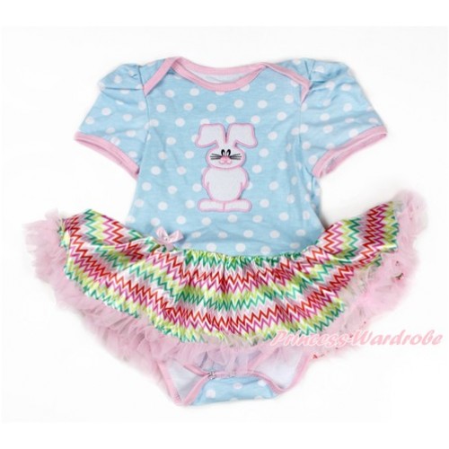 Easter Light Blue White Dots Baby Bodysuit Jumpsuit Rainbow Chevron Pettiskirt with Bunny Rabbit Print JS3292 