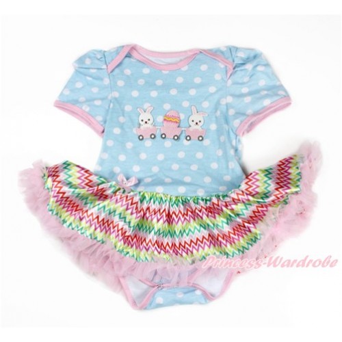 Easter Light Blue White Dots Baby Bodysuit Jumpsuit Rainbow Chevron Pettiskirt with Bunny Rabbit Egg Print JS3293 