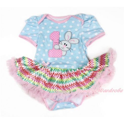 Easter Light Blue White Dots Baby Bodysuit Jumpsuit Rainbow Chevron Pettiskirt with 1st Light Pink White Dots Birthday Number & Bunny Rabbit Print JS3294 