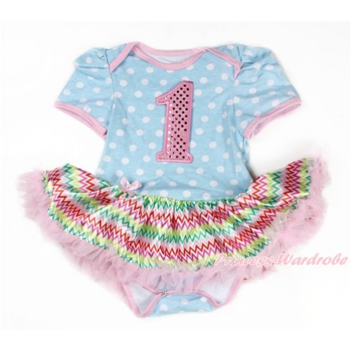 Light Blue White Dots Baby Bodysuit Jumpsuit Rainbow Chevron Pettiskirt with 1st Sparkle Light Pink Birthday Number Print JS3295 