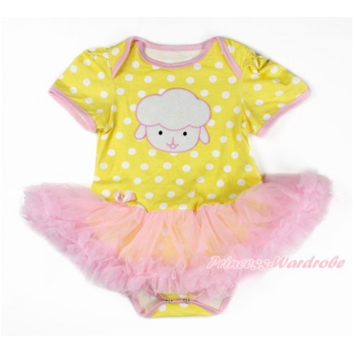 Easter Yellow White Dots Baby Bodysuit Jumpsuit Light Pink Pettiskirt with Sheep Print JS3299 