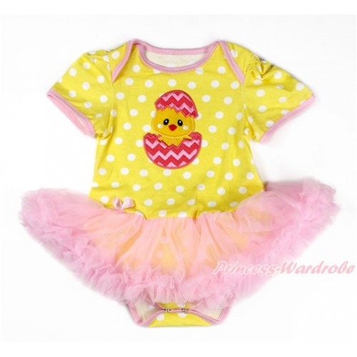 Easter Yellow White Dots Baby Bodysuit Jumpsuit Light Pink Pettiskirt with Chick Egg Print JS3300 