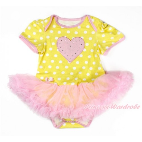 Valentine's Day Yellow White Dots Baby Bodysuit Jumpsuit Light Pink Pettiskirt with Light Pink Heart Print JS3301 