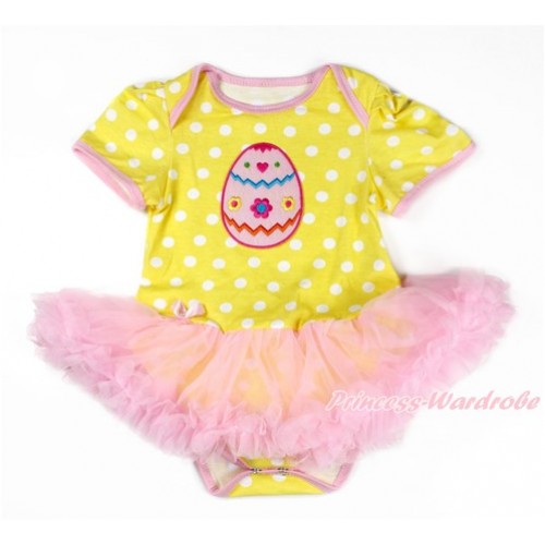 Easter Yellow White Dots Baby Bodysuit Jumpsuit Light Pink Pettiskirt with Easter Egg Print JS3303 