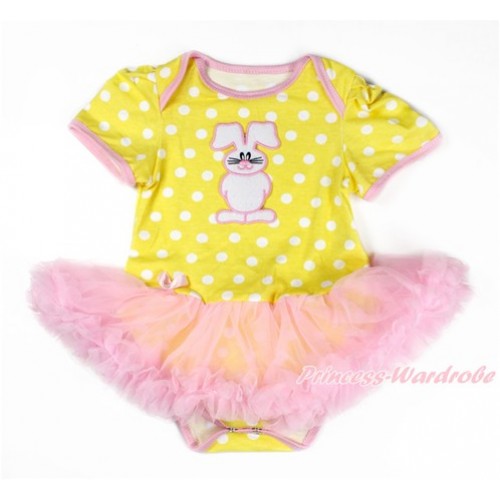 Easter Yellow White Dots Baby Bodysuit Jumpsuit Light Pink Pettiskirt with Bunny Rabbit Print JS3304 