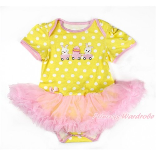 Easter Yellow White Dots Baby Bodysuit Jumpsuit Light Pink Pettiskirt with Bunny Rabbit Egg Print JS3305 