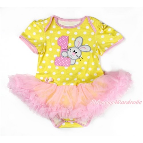 Easter Yellow White Dots Baby Bodysuit Jumpsuit Light Pink Pettiskirt with 1st Light Pink White Dots Birthday Number & Bunny Rabbit Print JS3306 