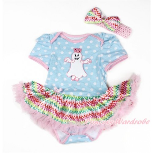 Light Blue White Dots Baby Bodysuit Jumpsuit Rainbow Chevron Pettiskirt With Princess Ghost Print With Light Pink Headband Rainbow Chevron Satin Bow JS3316 