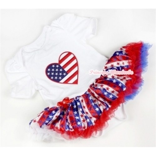 White Baby Jumpsuit Red White Royal Blue Striped Stars Pettiskirt with Patriotic American Heart Print JS603 