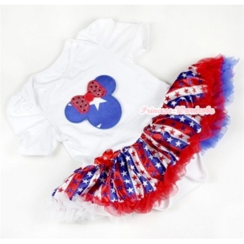 White Baby Jumpsuit Red White Royal Blue Striped Stars Pettiskirt with Patriotic American Stars Minnie Print JS609 