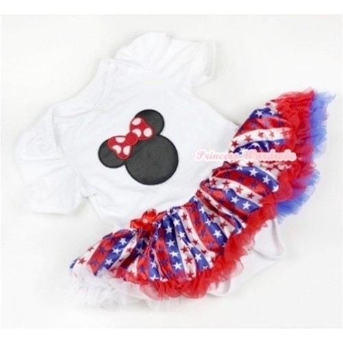 White Baby Jumpsuit Red White Royal Blue Striped Stars Pettiskirt with Minnie Print JS611 