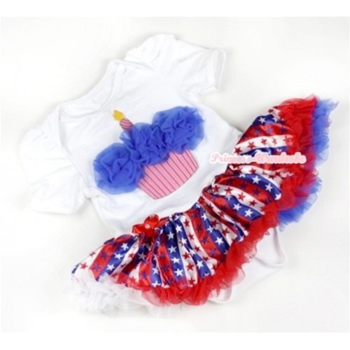 White Baby Jumpsuit Red White Royal Blue Striped Stars Pettiskirt with Royal Blue Rosettes Birthday Cake Print JS615 