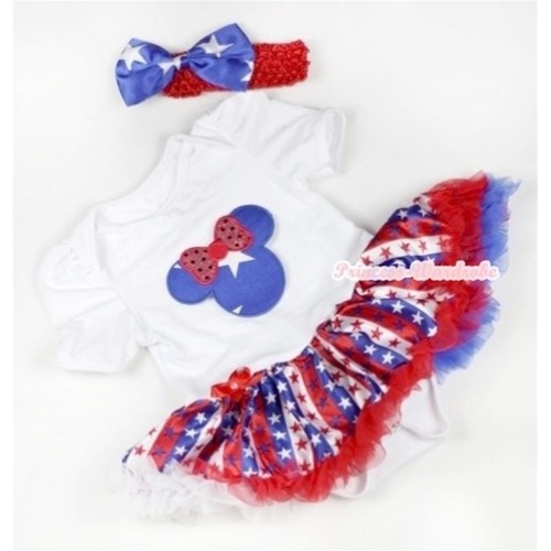 White Baby Jumpsuit Red White Royal Blue Striped Stars Pettiskirt With Patriotic American Minnie Print With Red Headband Patriotic American Stars Satin Bow JS636 