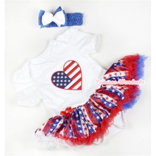 White Baby Jumpsuit Red White Royal Blue Striped Stars Pettiskirt With Patriotic American Heart Print With Royal Blue Headband White Royal Blue Ribbon Bow JS639 