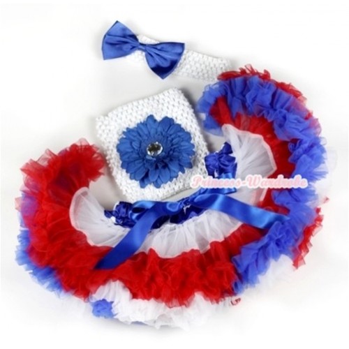  American Stars Waist Red White Royal Blue Premium Baby Pettiskirt,Royal Blue Flower & White Crochet Tube Top, White Headband with Royal Blue Satin Bow 3PC Set CT561 