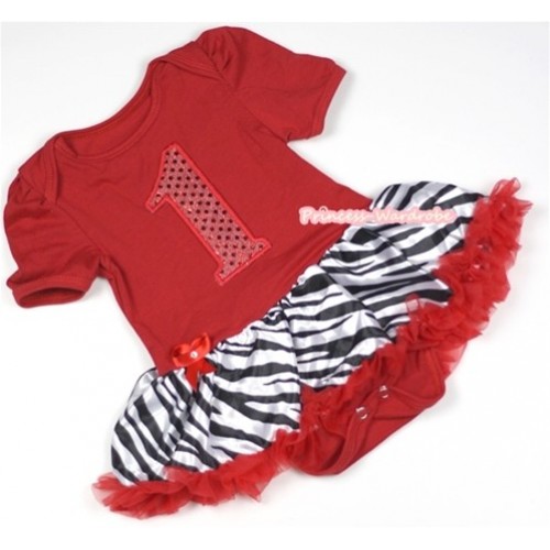 Red Baby Jumpsuit Red Zebra Pettiskirt with 1st Sparkle Red Birthday Number Print JS656 