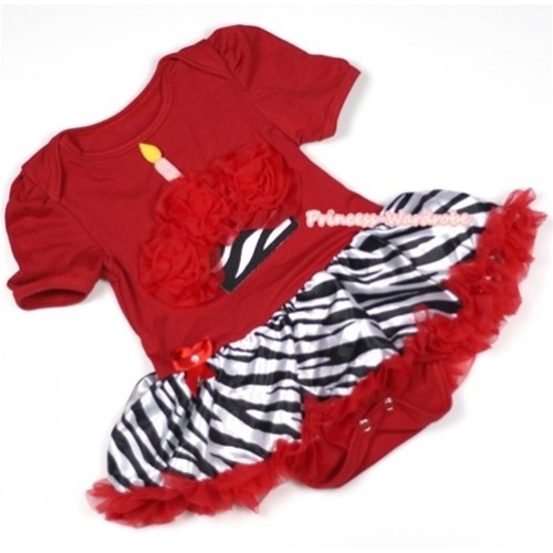 Red Baby Jumpsuit Red Zebra Pettiskirt with Red Rosettes Zebra Birthday Cake Print JS659 