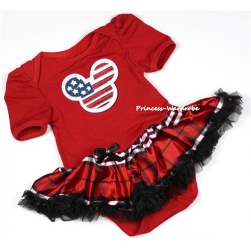 Red Baby Jumpsuit Red Black Checked Pettiskirt with American Striped Stars Minnie Print JS662 