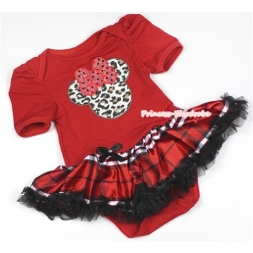 Red Baby Jumpsuit Red Black Checked Pettiskirt with Leopard Minnie Print JS664 