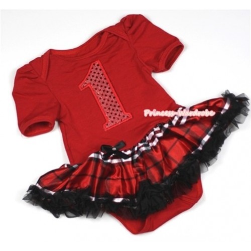 Red Baby Jumpsuit Red Black Checked Pettiskirt with 1st Sparkle Red Birthday Number Print JS666 