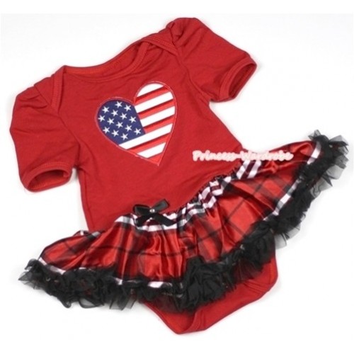 Red Baby Jumpsuit Red Black Checked Pettiskirt with Patriotic American Heart Print JS669 