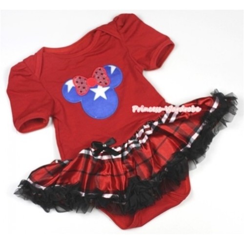 Red Baby Jumpsuit Red Black Checked Pettiskirt with Patriotic American Minnie Print JS671 