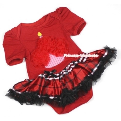 Red Baby Jumpsuit Red Black Checked Pettiskirt with Red Rosettes Birthday Cake Print JS673 