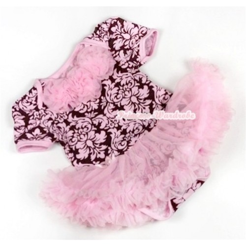 Light Pink Damask Baby Jumpsuit Light Pink Pettiskirt with Light Pink Rosettes JS713 