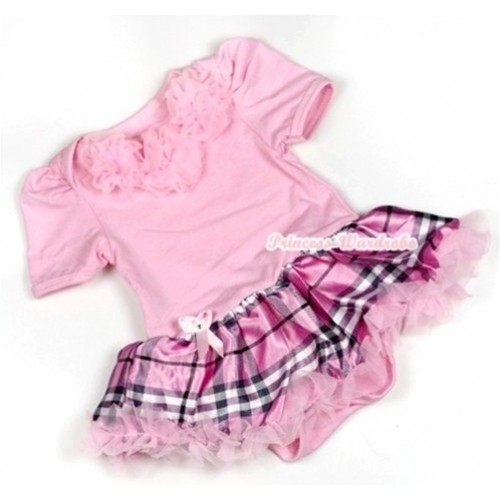 Light Pink Baby Jumpsuit Light Pink Checked Pettiskirt with Light Pink Rosettes JS714 