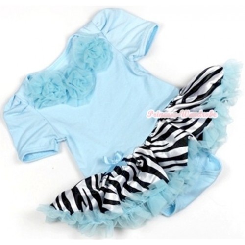 Light Blue Baby Jumpsuit Light Blue Zebra Pettiskirt with Light Blue Rosettes JS715 