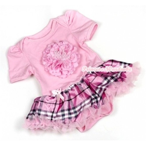 Light Pink Baby Jumpsuit Light Pink Checked Pettiskirt with Light Pink Peony JS718 