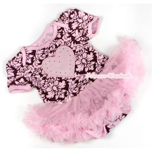 Light Pink Damask Baby Jumpsuit Light Pink Pettiskirt with Light Pink Heart Print JS720 