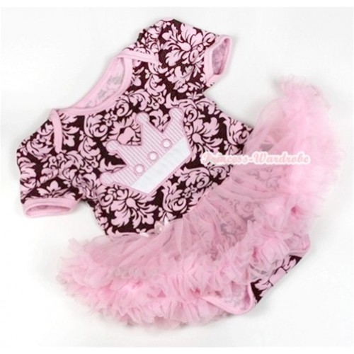 Light Pink Damask Baby Jumpsuit Light Pink Pettiskirt with Crown Print JS723 