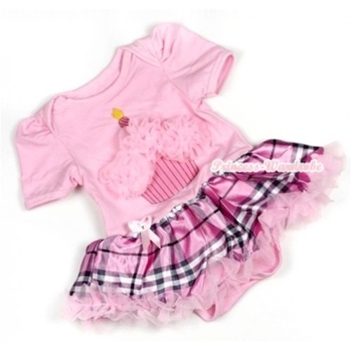 Light Pink Baby Jumpsuit Light Pink Checked Pettiskirt with Light Pink Rosettes Birthday Cake Print JS728 