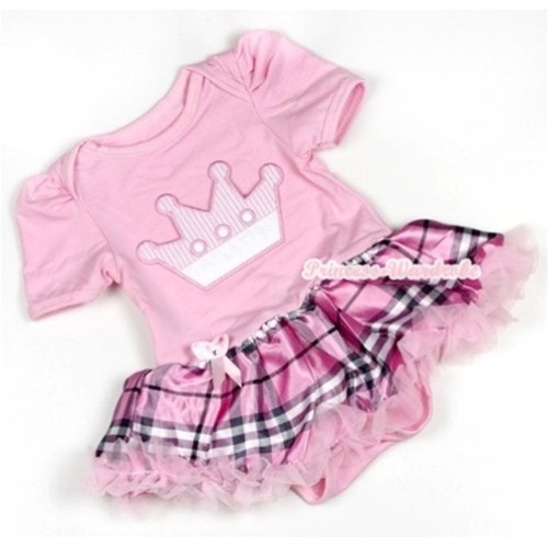 Light Pink Baby Jumpsuit Light Pink Checked Pettiskirt with Crown Print JS731 