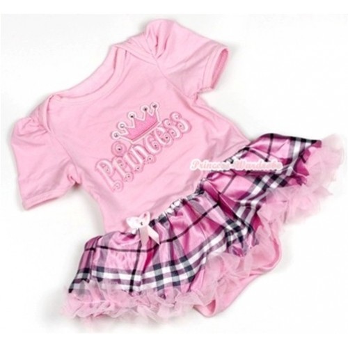 Light Pink Baby Jumpsuit Light Pink Checked Pettiskirt with Princess Print JS732 