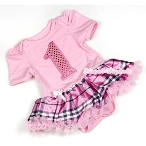 Light Pink Baby Jumpsuit Light Pink Checked Pettiskirt with 1st Sparkle Light Pink Birthday Number Print JS733 