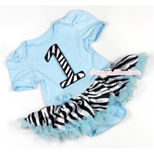 Light Blue Baby Jumpsuit Light Blue Zebra Pettiskirt with 1st Zebra Birthday Number Print JS738 