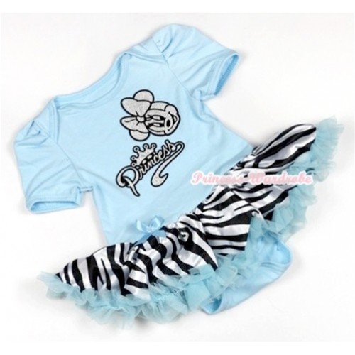 Light Blue Baby Jumpsuit Light Blue Zebra Pettiskirt with Sparkle White Minnie Princess Print JS744 