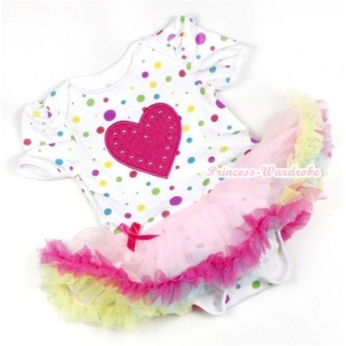 White Rainbow Dots Baby Jumpsuit Rainbow Pettiskirt with Hot Pink Heart Print JS747 