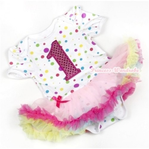 White Rainbow Dots Baby Jumpsuit Rainbow Pettiskirt with 1st Sparkle Hot Pink Birthday Number Print JS749 