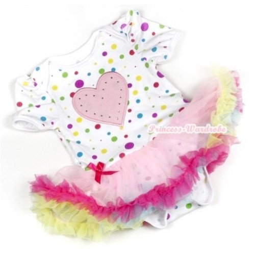 White Rainbow Dots Baby Jumpsuit Rainbow Pettiskirt with Light Pink Heart Print JS750 