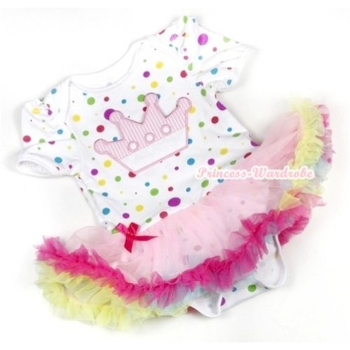 White Rainbow Dots Baby Jumpsuit Rainbow Pettiskirt with Crown Print JS751 