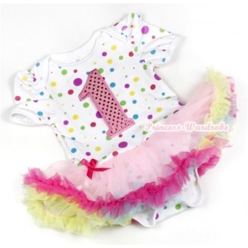 White Rainbow Dots Baby Jumpsuit Rainbow Pettiskirt with 1st Sparkle Light Pink Birthday Number Print JS753 