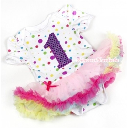 White Rainbow Dots Baby Jumpsuit Rainbow Pettiskirt with 1st Sparkle Dark Purple Birthday Number Print JS755 