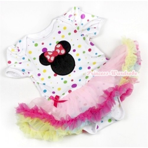 White Rainbow Dots Baby Jumpsuit Rainbow Pettiskirt with Hot Pink Minnie Print JS756 